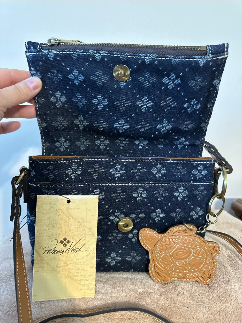 Patricia Nash  Denim Floret Corfu Jacquard Crossbody with Tan Strap. - Picture 2 of 4